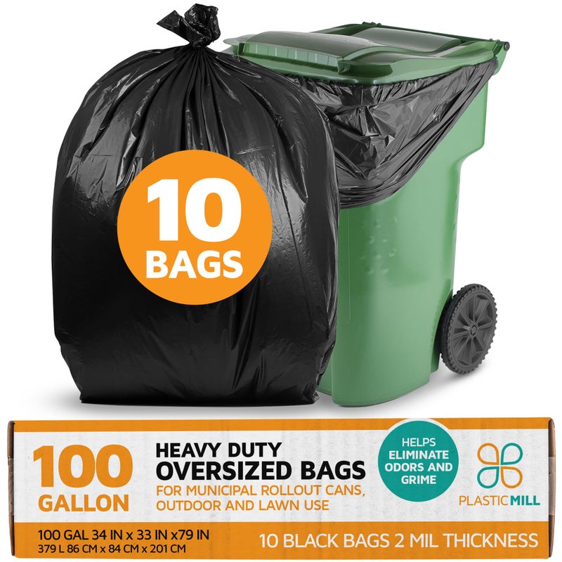 PlasticMill Heavy Duty Trash Bags Black Garbage Bags Plastic Trash Bags for Large Rolling Trash Bins Tall Trash Bags 100Gallon Large Kitchen Trash Bags 2 Mil 67x79 10Count